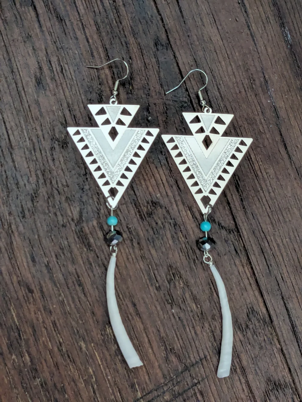 Silver-Tone Geometric Triangle Drop Earrings with Turquoise Accents - Picture 1 of 5